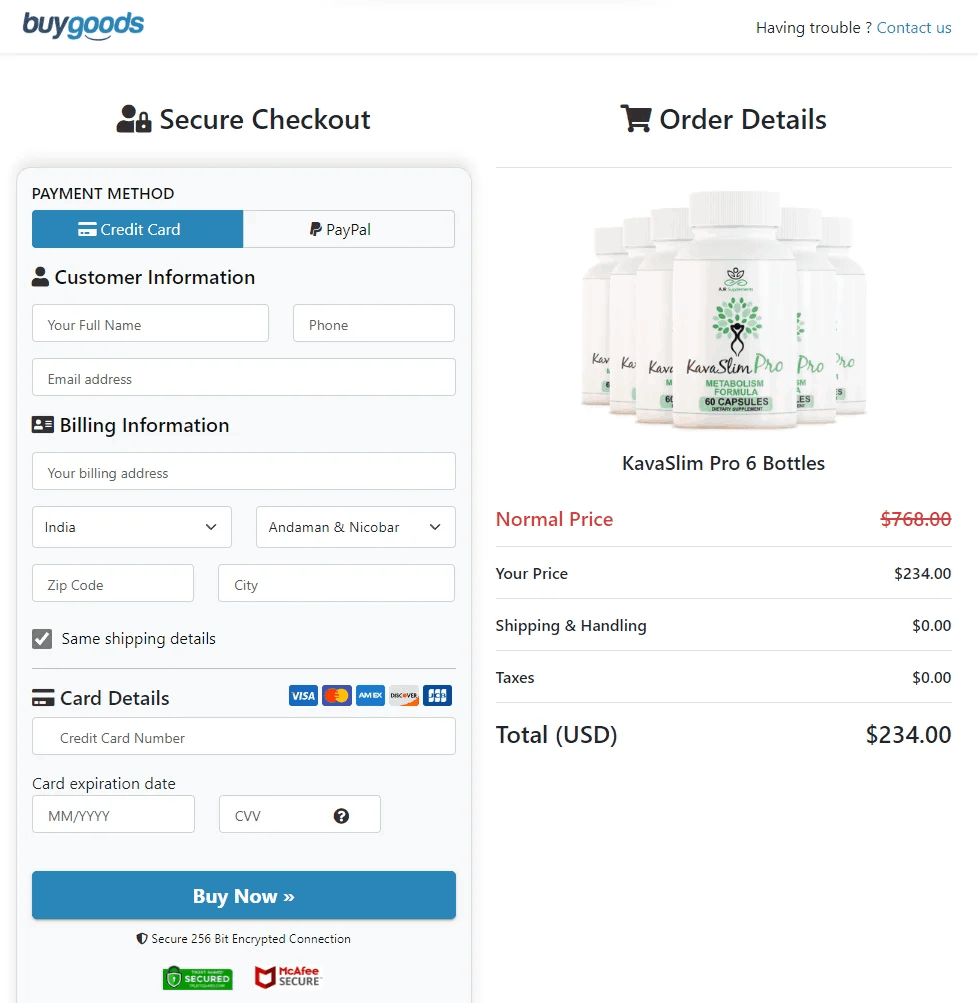 kavaslimpro checkout page